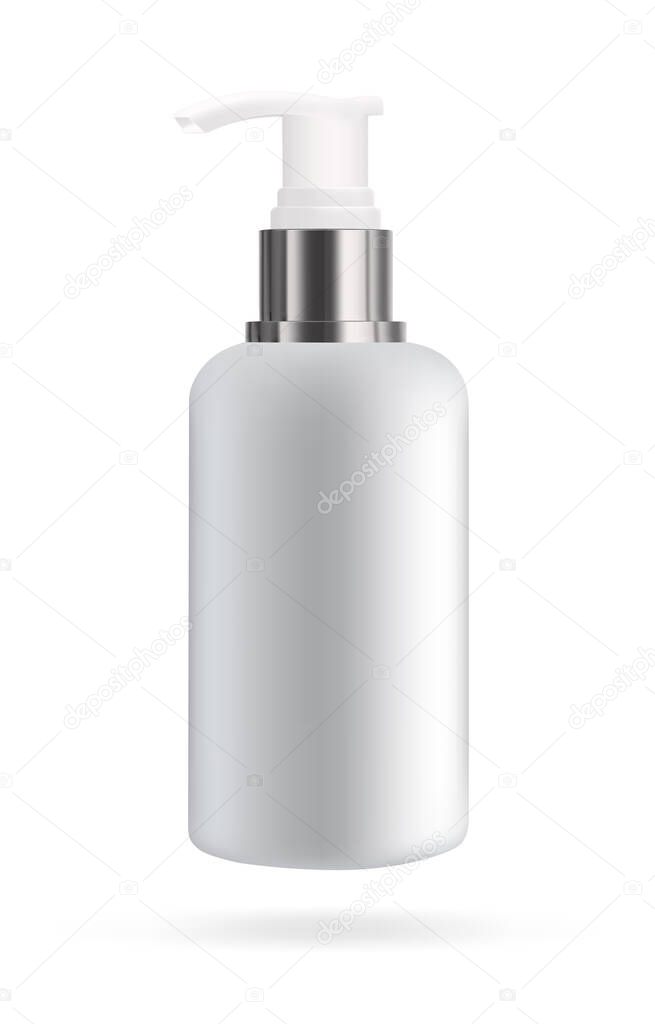 Cosmetic bottle with dispenser for soap and cosmetics. Mockup of packaging for liquids. Vector 3d illustration