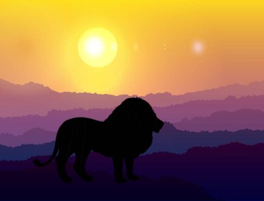 Arkasında güzel sarı ay olan aslan silueti olan bir gece sahnesi