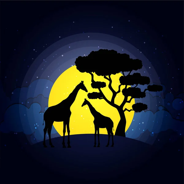 Scena Notturna Con Silhouette Giraffe Nella Foresta Con Bella Luna — Vettoriale Stock