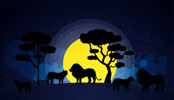 Νυχτερινή Σκηνή Σιλουέτα Λιονταριών Στο Δάσος Όμορφο Κίτρινο Φεγγάρι Στο — Διανυσματικό Αρχείο