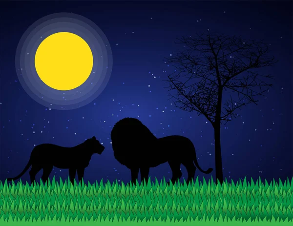 Escena Nocturna Con Silueta Leones Bosque Con Hermosa Luna Amarilla — Archivo Imágenes Vectoriales