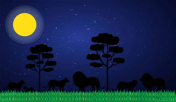 Escena Nocturna Con Silueta Ilones Bosque Con Hermosa Luna Amarilla — Archivo Imágenes Vectoriales