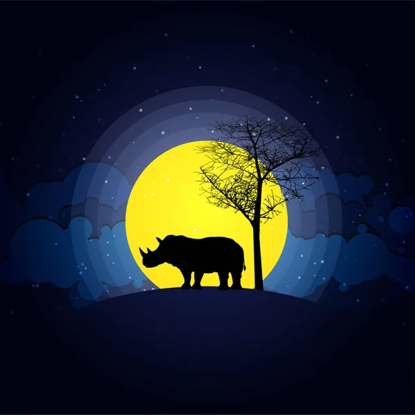 Escena Nocturna Con Silueta Rinoceronte Bosque Con Hermosa Luna Amarilla — Archivo Imágenes Vectoriales