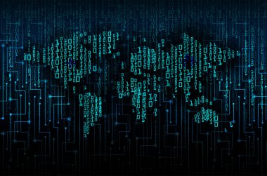 Koyu arkaplanda kod olan dünya haritası