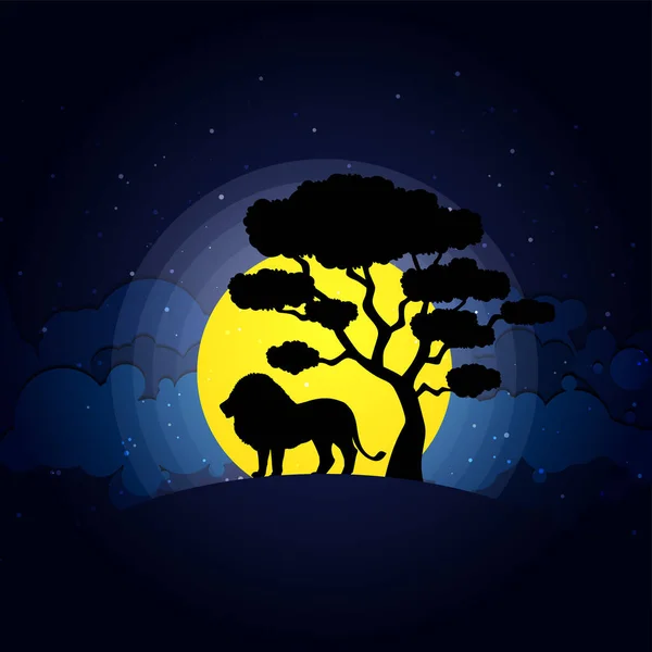 Escena Nocturna Con Silueta León Bosque Con Hermosa Luna Amarilla — Archivo Imágenes Vectoriales