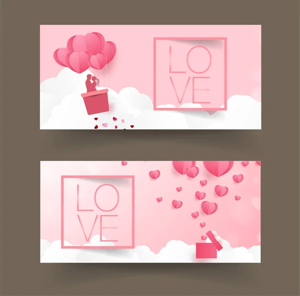 Love Valentine Day Lovers Stand Paper Art Heart Shape Balloons — Stock Vector