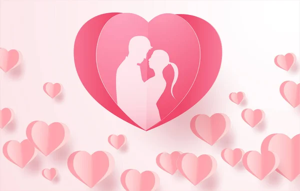 Amore San Valentino Amanti Stand Cuore Arte Palloncini Carta Forma — Vettoriale Stock