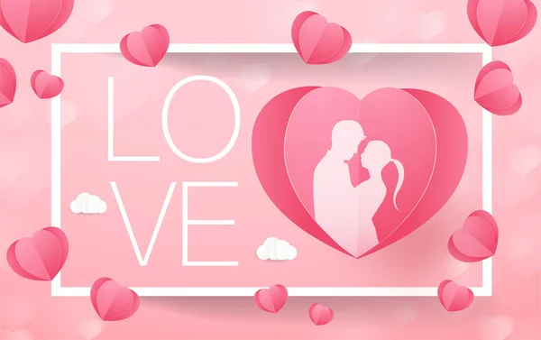 Aşk Sevgililer Günü Aşıklar Ayakta Durur Kağıt Kalp Şeklinde Balonlar — Stok Vektör