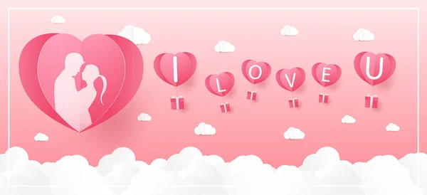 Love Valentine Day Lovers Stand Paper Art Heart Shape Balloons — Stock Vector