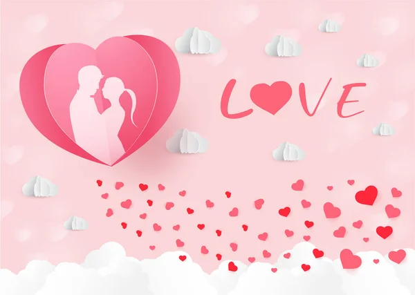 Aşk Sevgililer Günü Aşıklar Ayakta Durur Kağıt Kalp Şeklinde Balonlar — Stok Vektör