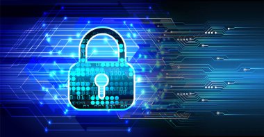 Devre kartı ve güvenli işareti olan mavi ve siyah dijital illüstrasyon