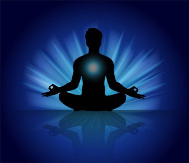 Adam meditasyon yapıyor, yoga vektörü çizimi yapıyor.