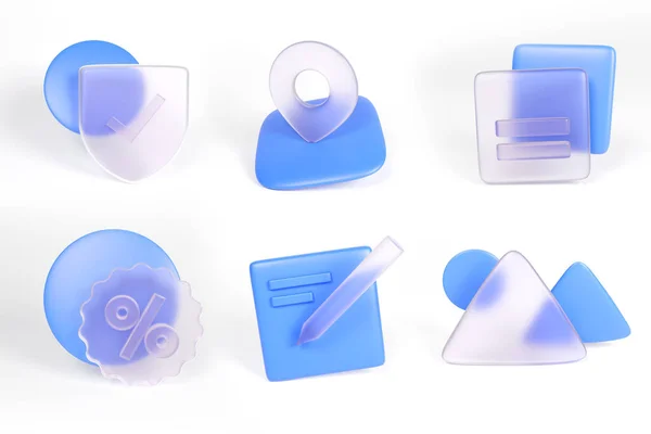 Набор 3D иконки иллюстрации стекломорфизм синий рендеринг — стоковое фото