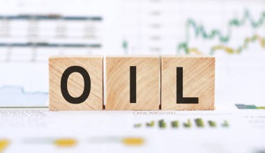 Finansal grafikler ve çizelgelerin arka planında tahta yapı taşlarıyla yapılan kelime OIL.