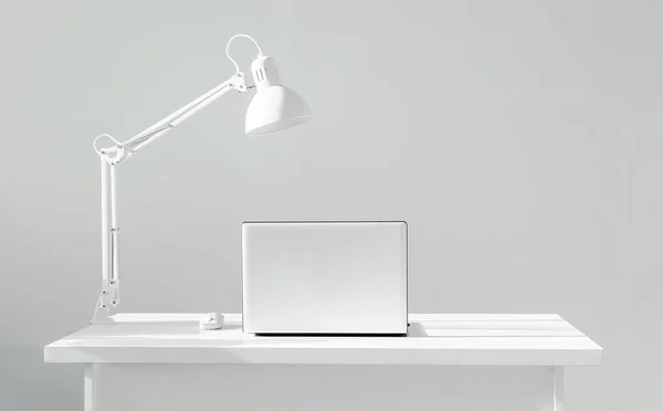 Biuro Osoby Biznesowej Stół Białym Laptopem Lampą Minimalizm — Zdjęcie stockowe
