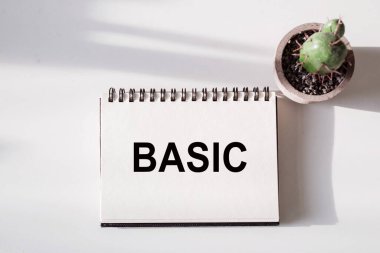 Beyaz bir masada bir çiçek, üzerinde BASIC yazan bir defter..