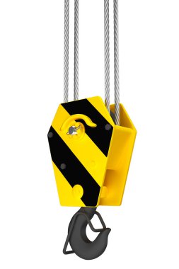 Siyah ve sarı vinç kancası çelik halatlarda asılı.