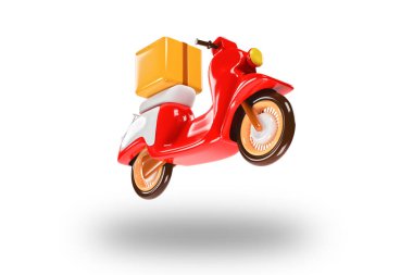 Yemek ve paket teslimatı için kırmızı scooter. 3d hazırlayıcı