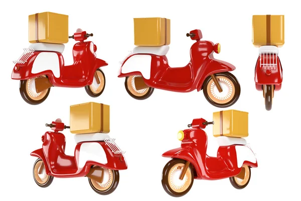 Zestaw czerwonych skuterów do dostarczania żywności i paczek. 3d renderowanie — Zdjęcie stockowe