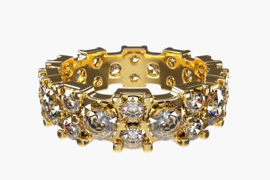 Altın elmas yüzük beyaz arkaplanda izole edilmiş 3B görüntüleme