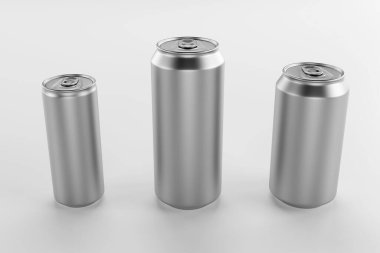 Alüminyum bira ve ince soda boş şablon oluşturabilir. Meyve suyu, soda, boş bira kavanozu beyaz arka planda izole edilmiş. Gerçekçi alüminyum kutular. 3B görüntüleme