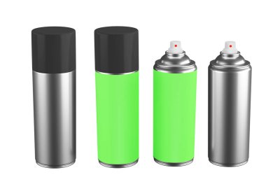 Beyaz arka planda boş gümüş sprey kutusu, Aerosol sprey kutusu, yeşil etiketli metal şişe kutusu. 3d oluşturma