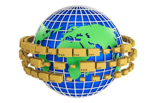 Csomagok Szállítási Csomagolási Szolgáltatás Csomagszállítási Rendszer Koncepció Kartondoboz Globális Térképen — Stock Fotó