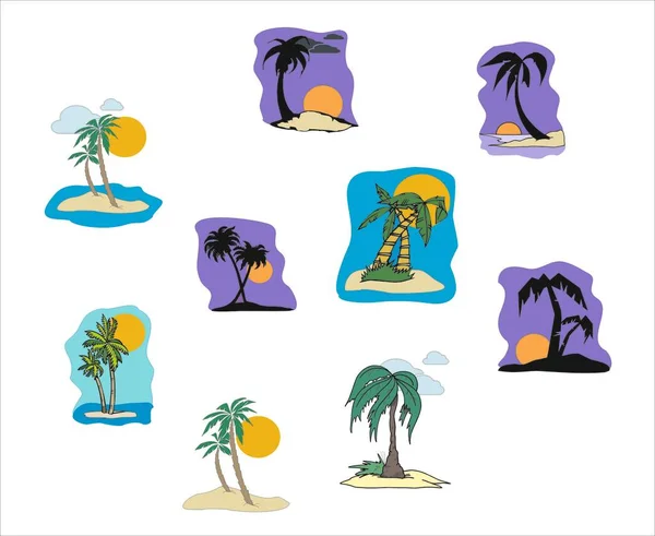 Set Tropischer Inseln Mit Palmen Vektorillustrationen — Stockvektor