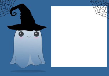 Komik Hayalet Kawaii çizgi film deyimi Cadılar Bayramı arkaplan illüstrasyonu