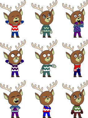komik ren geyiği karakteri karikatür noel ifadeleri koleksiyon illüstrasyonları vektör biçiminde