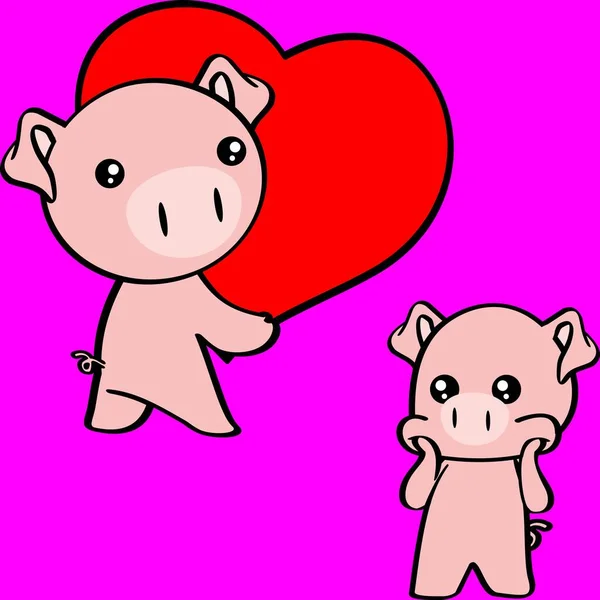 Cute Kawaii Pig Character Cartoon Valentines Day Set Illustration Vector — стоковый вектор