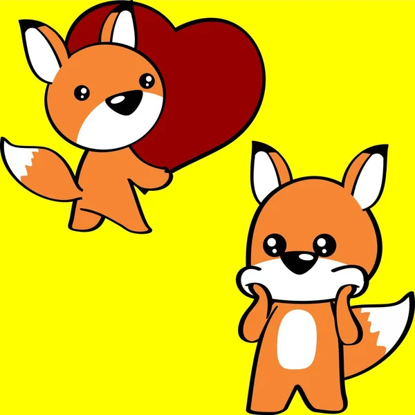 Cute Kawaii Fox Character Cartoon Valentines Day Set Illustration Vector — стоковый вектор