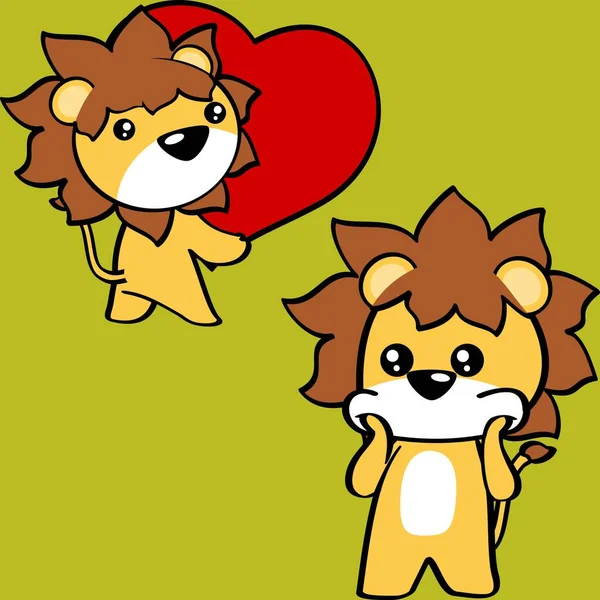Cute Kawaii Lion Character Cartoon Valentines Day Set Illustration Vector — 图库矢量图片
