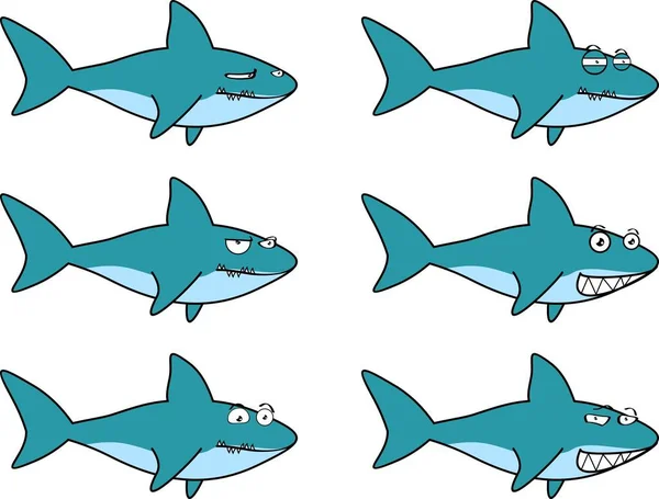 Funny Shark Character Cartoon Expressions Set Illustration Vector Format — Vetor de Stock