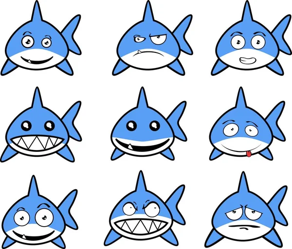 Cute Baby Shark Character Cartoon Expressions Set Illustration Vector Format — Vetor de Stock