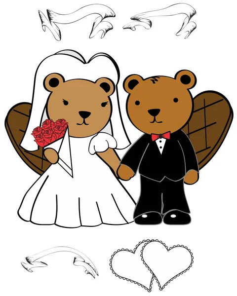 Mignon Castor Couple Dessin Animé Marié Illustration Format Vectoriel — Image vectorielle