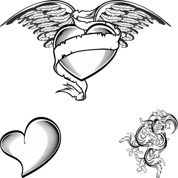 Gevleugelde Hart Tatoeage Set Collectie Illustartion Vector Formaat — Stockvector