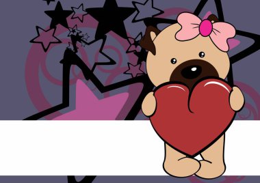 Sevimli pug dog kız karakter karikatürü ile sevgililer günü arkaplanı vektör formatında aşk kırmızı kalp çizimi.