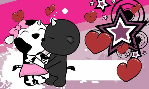 Sapi Valentine Lucu Dan Kartun Pasangan Banteng Mencium Latar Belakang - Stok Vektor
