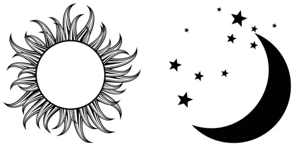 Slunce Měsíc Černá Barva Tetování Sbírka Ilustrace Vektorovém Formátu — Stockový vektor