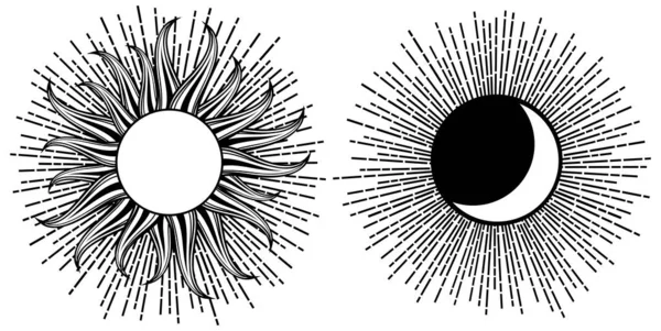 太陽と月の黒インクのタトゥーコレクションのイラストベクトル形式で — ストックベクタ
