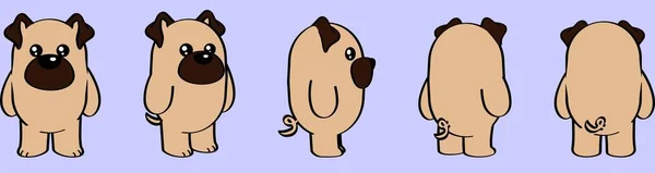 Cute Kawaii Pug Dog Character Cartoon Perspective Collection Set Illustration — стоковый вектор