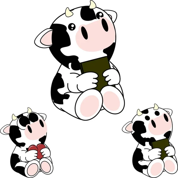 Little Baby Sit Cow Character Cartoon Holding Book Heart Collection — стоковый вектор