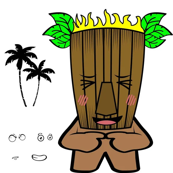 Funny Tropical Hawaian Tiki Mask Character Cartoon Expressions Collection Illustration — Stockvector