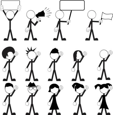 Eylemci protestosu pictogram çizgi film paketi koleksiyonu vektör biçiminde