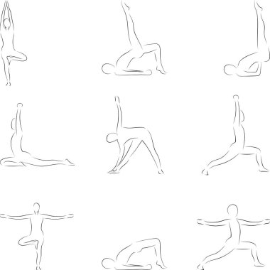 yoga, vektör biçiminde siluet illüstrasyon paketi oluşturur