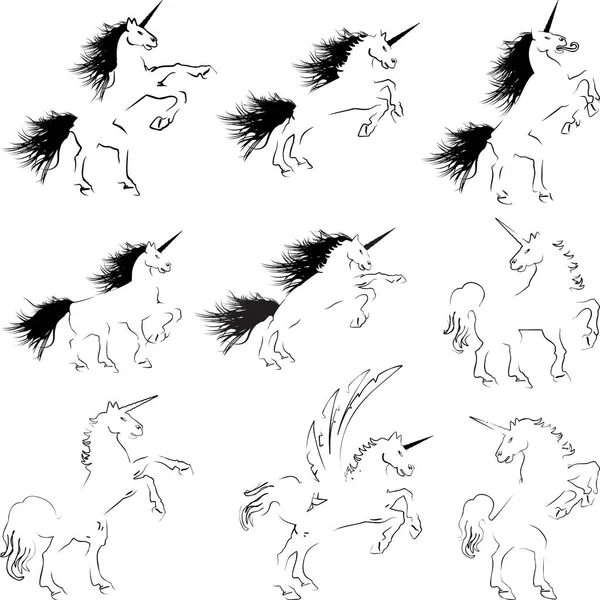 Unicorn Horse Silhouettes Lines Style Pack Illustartion Vector Format — Stok Vektör