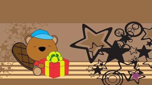 Baby Beaver Chibi Cartoon Background Holding Gift Box Vector Format — Stockvector