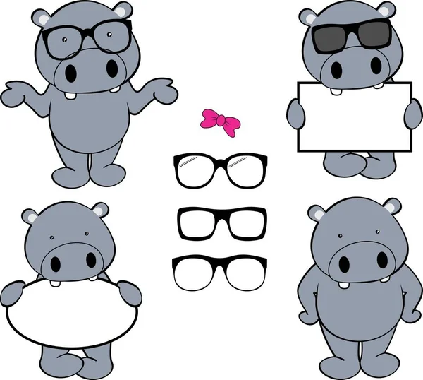 Chibi Hippo Kid Cartoon Billboard Glasses Pack Illustration Vector Format — Archivo Imágenes Vectoriales