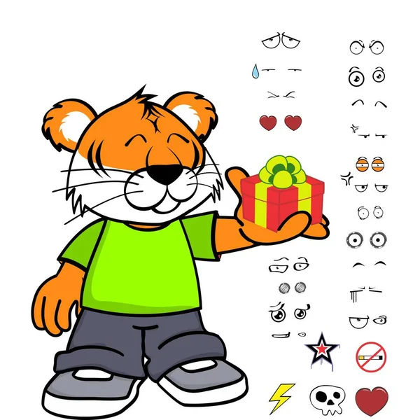 Standing Young Tiger Kid Wearing Tennis Jeans Cartoon Expressions Pack — Image vectorielle